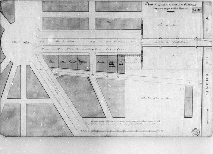 Projet de nivellement du cours de Brosses, montrant la place du Port-au-Bois en 1842 (AC Lyon 3 S 72)