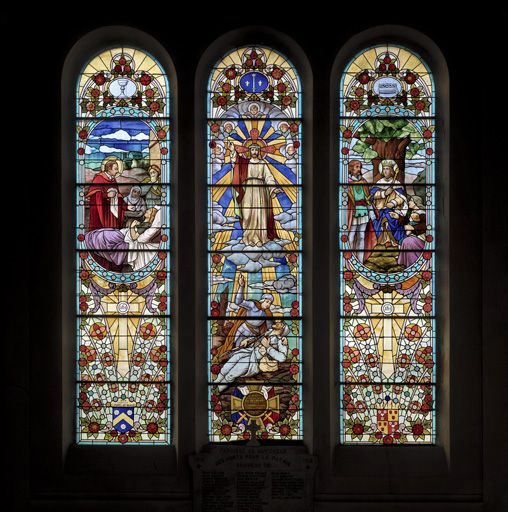 Ensemble de 6 verrières figurées : saint Benoît ; Assomption ; conversion de saint Hubert ; saint Vincent de Paul ; hommage aux morts de la guerre de 1914-1918 ; jugement de saint Louis