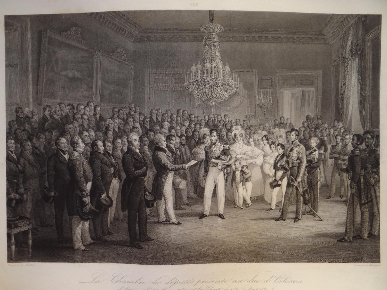 Gravure de Jean-Denis Nargeot d'après François-Joseph Heim - " La Chambre des députés présente au duc d'Orléans l'Acte qui l'appelle au trône et la Charte de 1830 (7 août 1830) "
