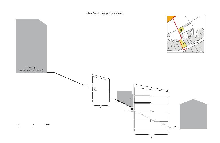 Maison, 44 rue Durolle : schéma d'implantation et coupe.