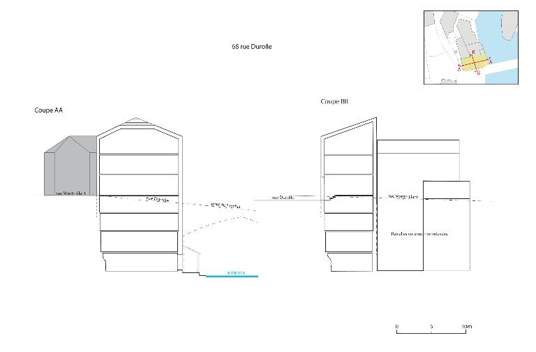 Maison, 68 rue Durolle : schéma d'implantation et coupes.
