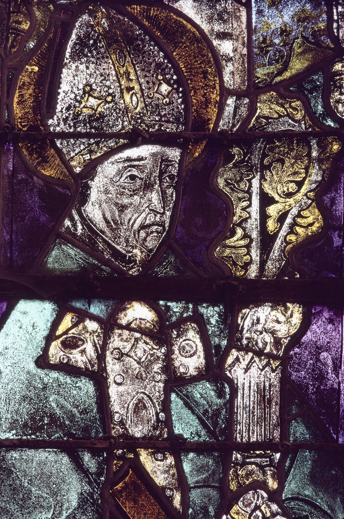 Verrière : saint Apollinaire, saint Nizier, saint Nicolas, sainte Catherine, Vierge à l' Enfant, sainte Marguerite (baie 1), verrière à personnages