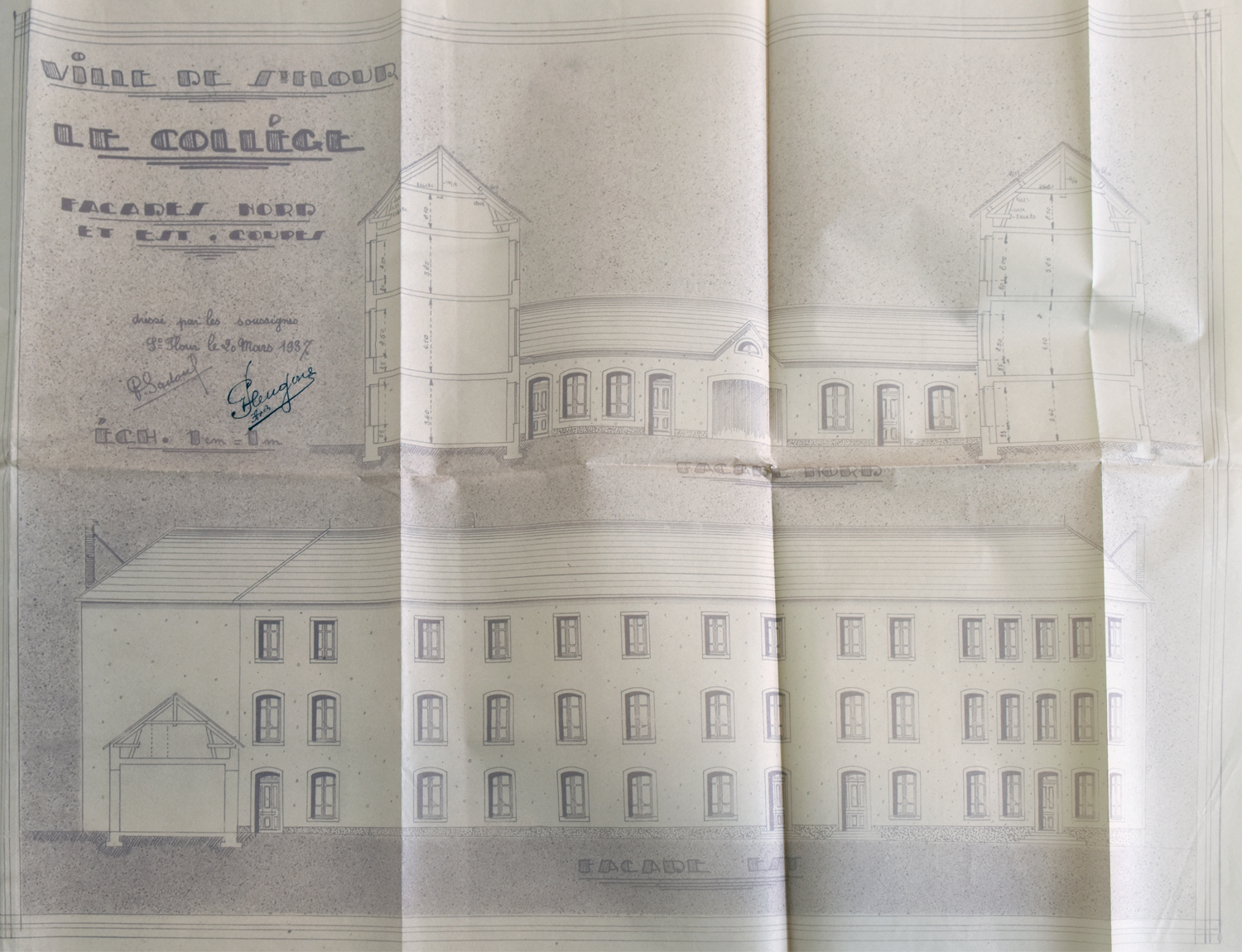 Façades nord et est, coupe (projet) par P. Hugon et P. Sadoul, mars 1937 (AC Saint-Flour, 19 Z 4)