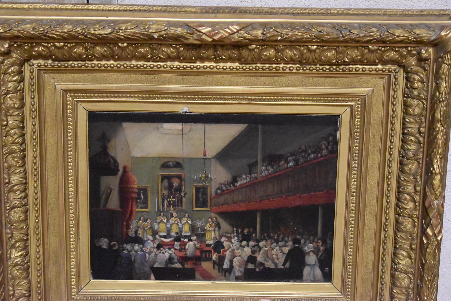 tableau : La première communion du Comte de Paris célébrée le 20 juillet 1850 dans la chapelle catholique française de Hings Street, Postman Square, Londres
