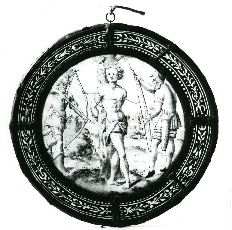 Verrières (ensemble de rondel) : scène galante ; la Force à cheval sur une licorne terrassant une jeune femme et un amour aux yeux bandés ; le martyre de saint Sébastien ; Vierge de Pitié (verrières figurées)