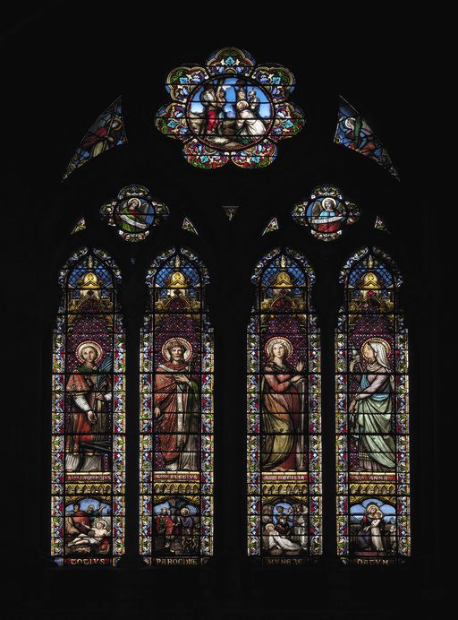 Ensemble de deux verrières (baies 3 et 4) : Les Quatre Saints patrons de l'industrie et du travail, Les Quatre Saints patrons des principales confréries de la paroisse