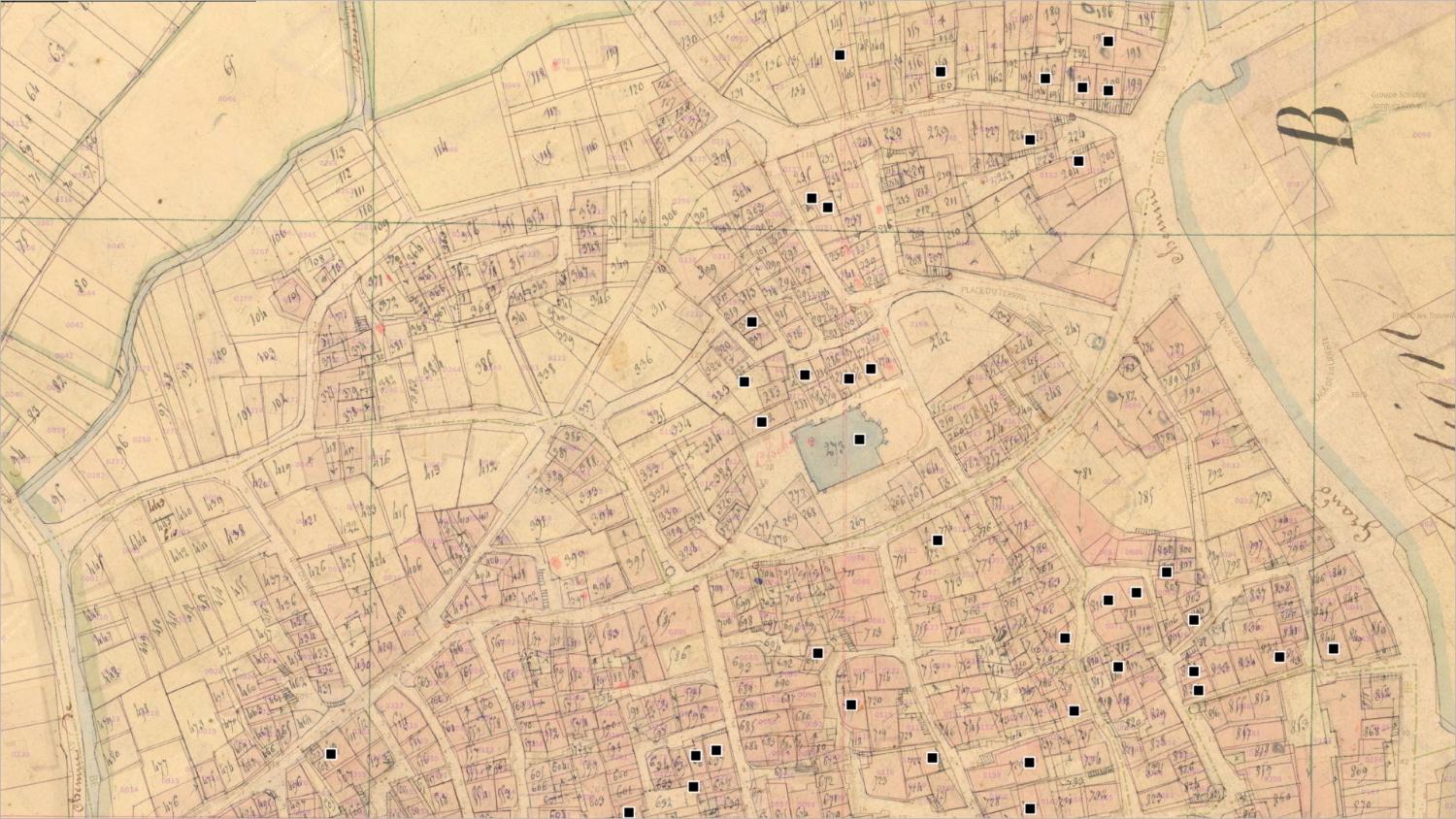 Commune de Romagnat (nord) : localisation des maisons vigneronnes (cadastre dit napoléonien, 1831, AD Puy-de-Dôme, 51 Fi 1056)