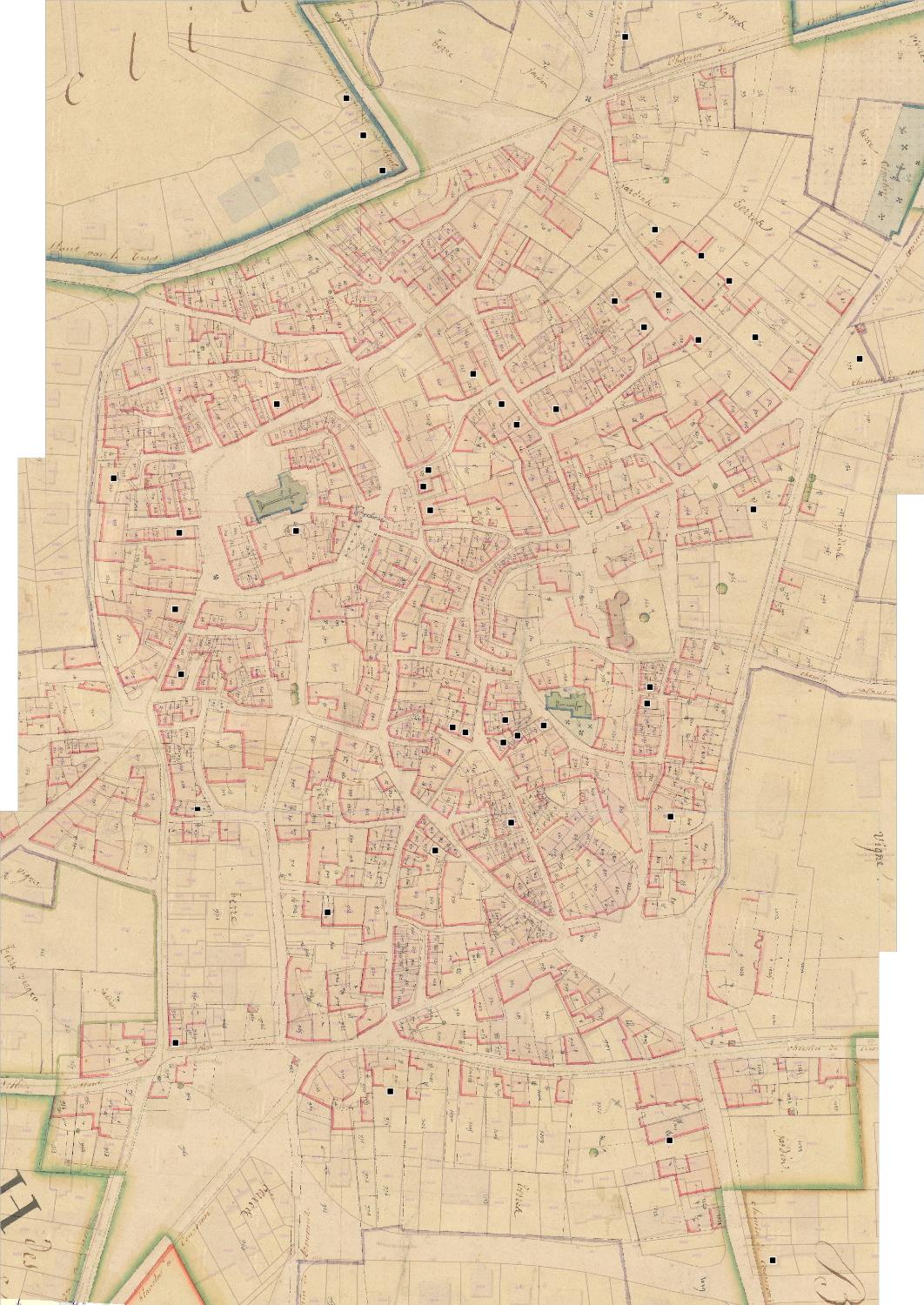 Commune de Cournon d'Auvergne : localisation des maisons vigneronnes (cadastre dit napoléonien, 1817, AD Puy-de-Dôme, 51 Fi 382)