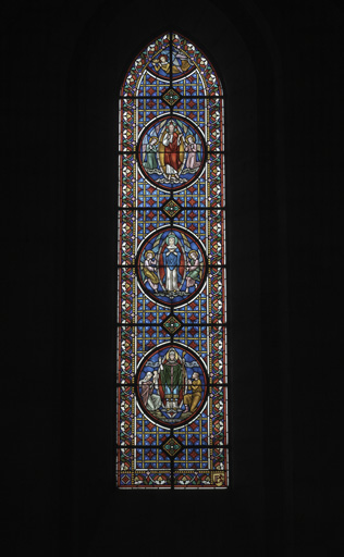 Verrière figurée (verrière archéologique) : saint Aubrin ; l'Assomption de la Vierge ; l'Ascension du Christ (baie 5)
