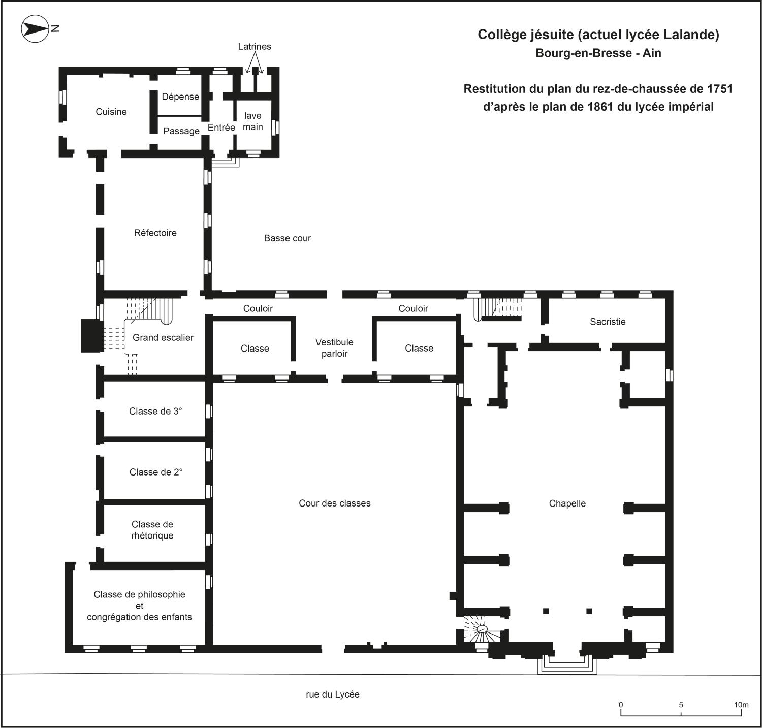Rez-de-chaussée du collège des jésuites : schéma de restitution du plan d'après le devis de 1752 (Dess. Inv. G. Beauparland-Dupuis)