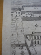 Vue en perspective des bâtiments de la Charité, 1646 (détail des habitations hors hôpital). Plan gravé AC Lyon. Fonds des HCL ; B417