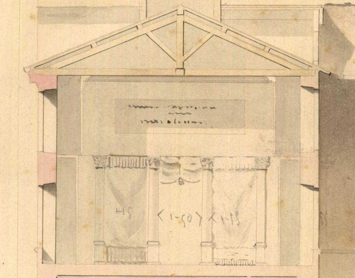 Vue en élévation de la grande salle de la bibliothèque en 1837 (ACM Grenoble, 2 Fi 336)