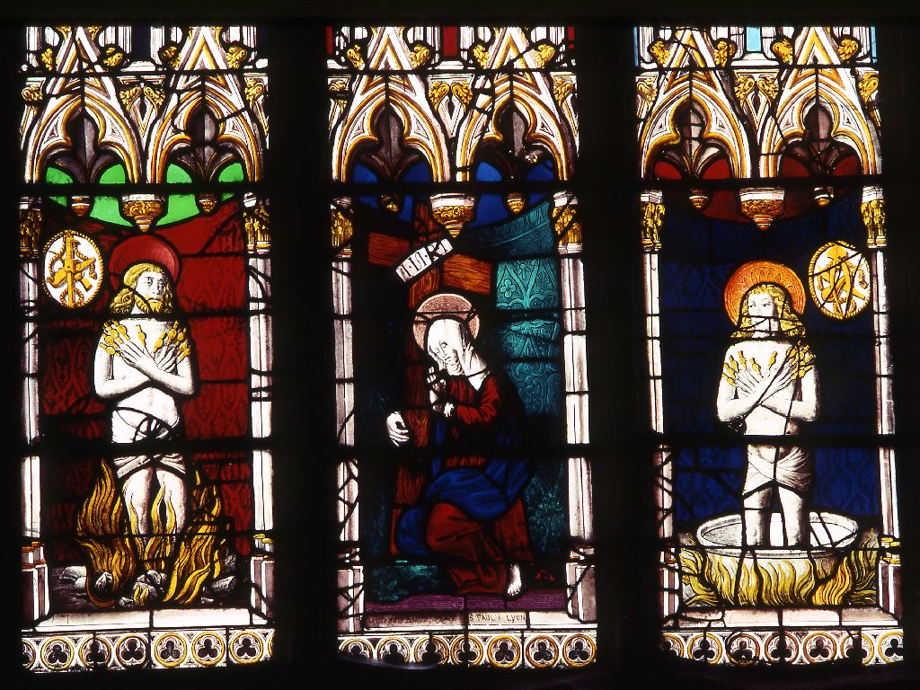 Verrière : saint patrons, figures bibliques (baie 13), verrière à personnages