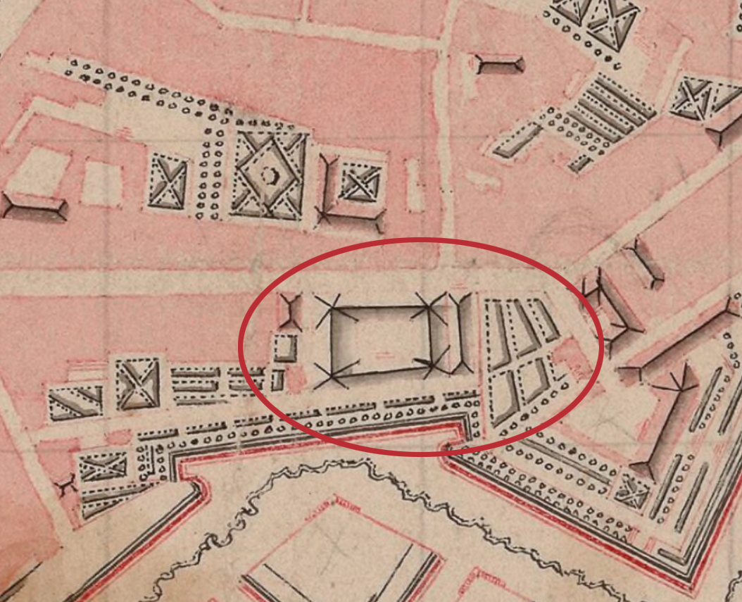 Plan de Grenoble en 1770, détail : le collège et son jardin (dess. d'ap. B.n.F., Cartes et plans, GE D-27347)