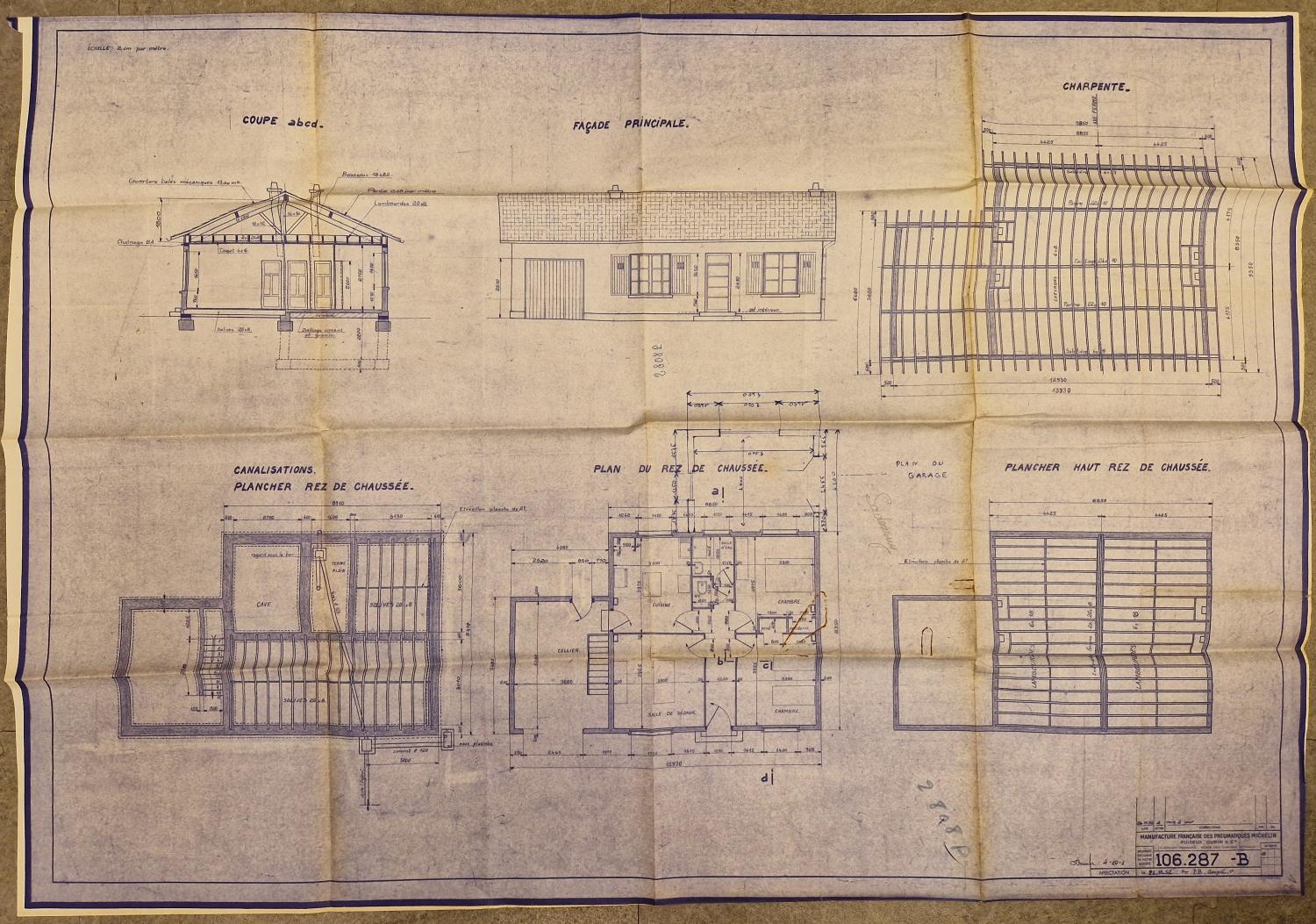 Plans, coupe et élévation d'une maison "Castor" en rez-de-chaussée, pour la cité du Clos-Chanturgue, 1952