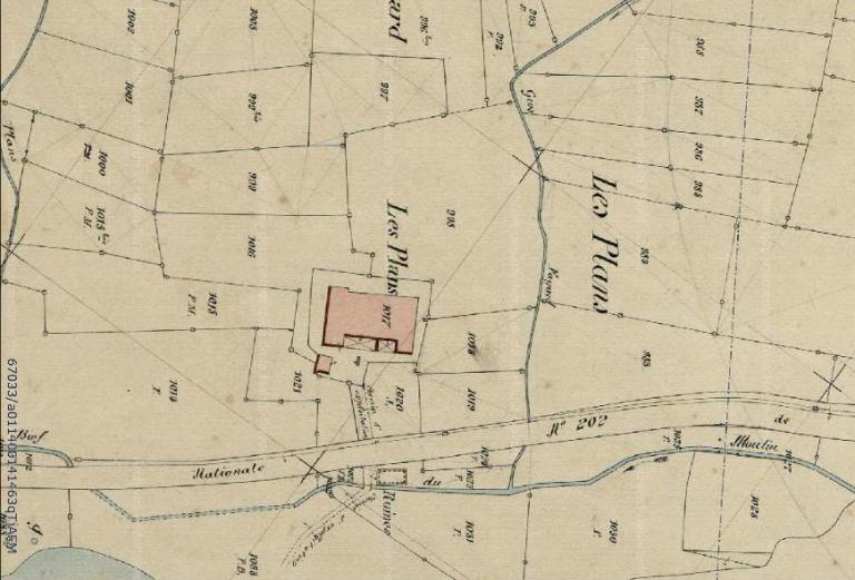 Plan masse et de localisation, sur fond de plan cadastral, 1903 (AD Haute-Savoie, 3P 3/4946, section G : les Perrières, 3e feuille).