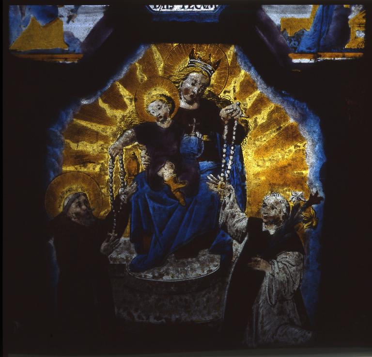 Verrière : remise des chapelets à Saint-François d' assise et à sainte Claire d' Assise par la Vierge et l' Enfant Jésus (baie 1), verrière figurée, grisaille décorative