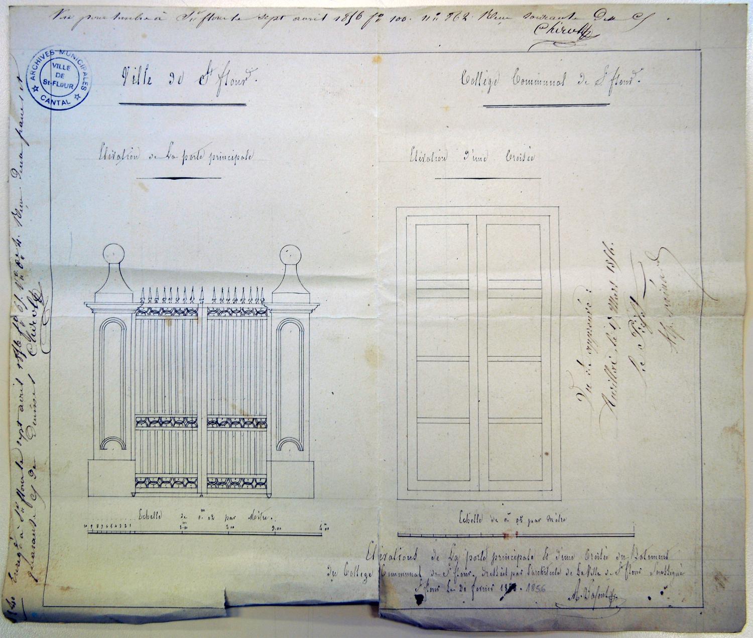 Nouvelle porte du collège par A. Lafont, 1856 (AC Saint-Flour, 4 M 6/1)