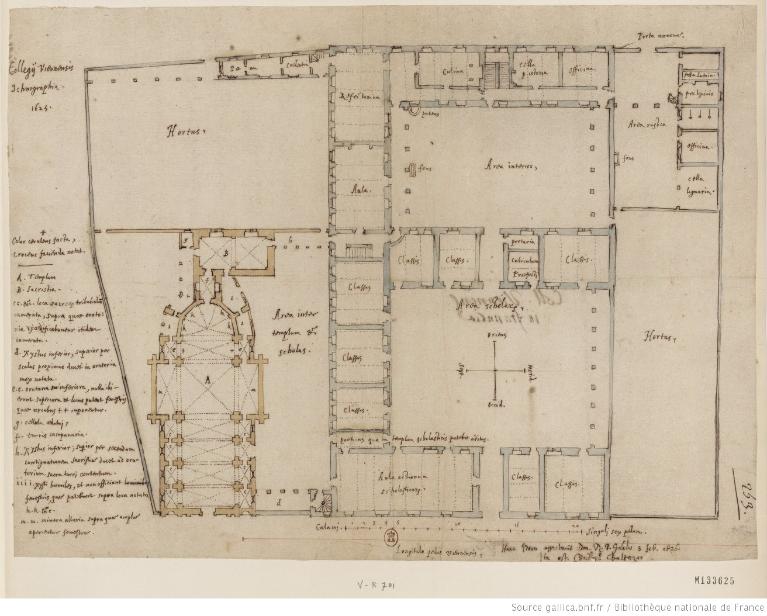 Plan du collège en 1625 avec projet pour l'église au nord, par E. Martellange (B.n.F., Est., FOL-HD-4 (8))