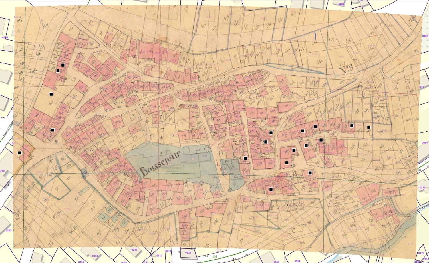 Commune de Ceyrat (Boisséjour) : localisation des maisons vigneronnes (cadastre dit napoléonien, 1831, AD Puy-de-Dôme, 51 Fi 279)
