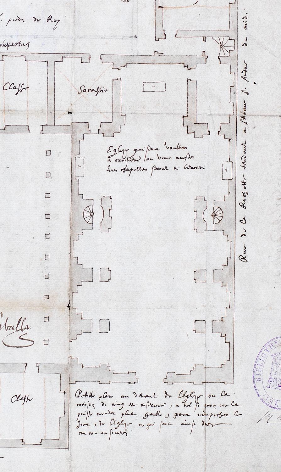 Plan d'exécution de 1605, par E. Martellange : détail de l'église (Vienne, Musée des beaux-arts et d'archéologie, inv. R 494/714)
