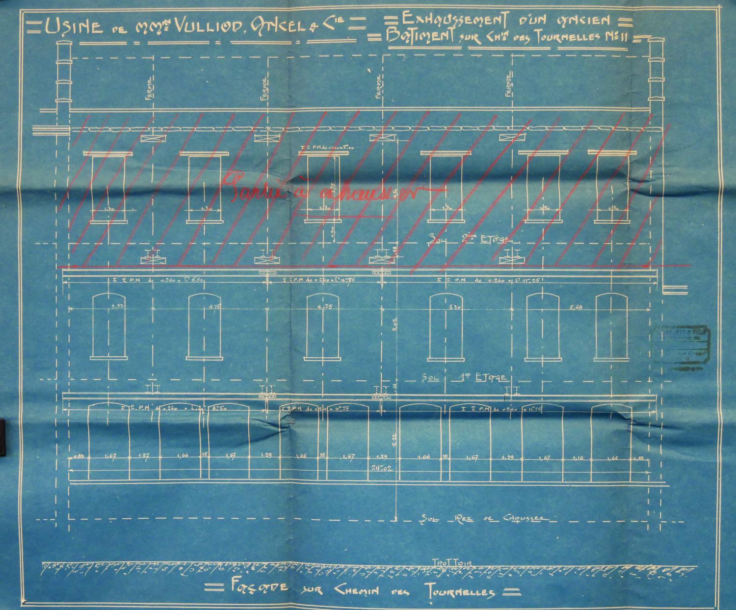 Plan usine : exhaussement d'un bâtiment 1912, usine Vulliot-Ancel (AC Lyon 314W461-468)