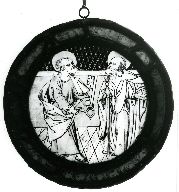 Verrière (2, rondel) : saint Pierre et saint Paul, saint Nicolas, verrière à personnages