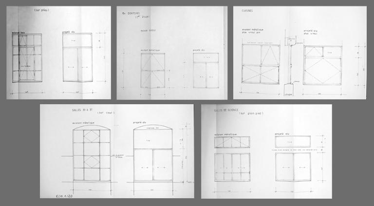 Châssis des fenêtres : état d'origine et schéma de principe des ouvrages retenus, 1983 (AD Ain,  1045 W 42)