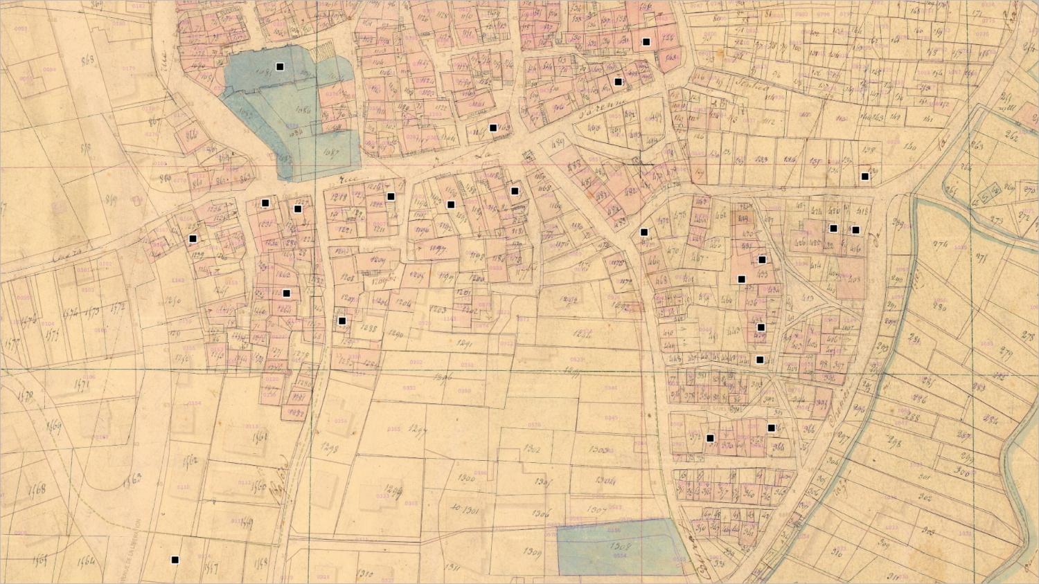 Commune de Ceyrat (sud) : localisation des maisons vigneronnes (cadastre dit napoléonien, 1831, AD Puy-de-Dôme, 51 Fi 279)