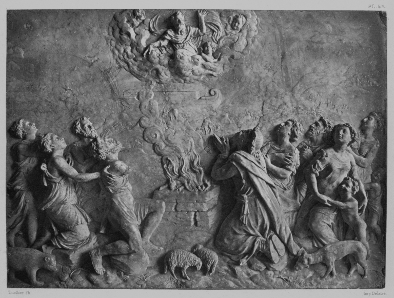 Bas-reliefs (3) de l'autel de la chapelle : le Sacrifice de Noé, le Passage de la Mer Rouge, David et Goliath