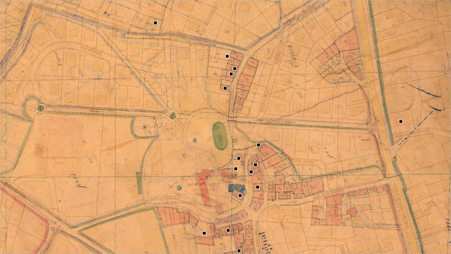 Commune de Pérignat-lès-Sarliève (nord) : localisation des maisons vigneronnes (cadastre dit napoléonien, 1831, AD Puy-de-Dôme, 51 Fi 880)