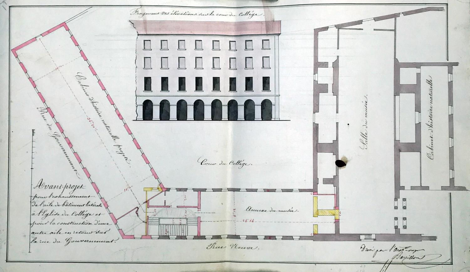 Avant-projet de P.-B. Barrillon pour l'agrandissement du collège et le redéploiement des collections du musée, 1843 : plan du 2e étage et élévation sur cour (ACM Grenoble, 4 M 94)