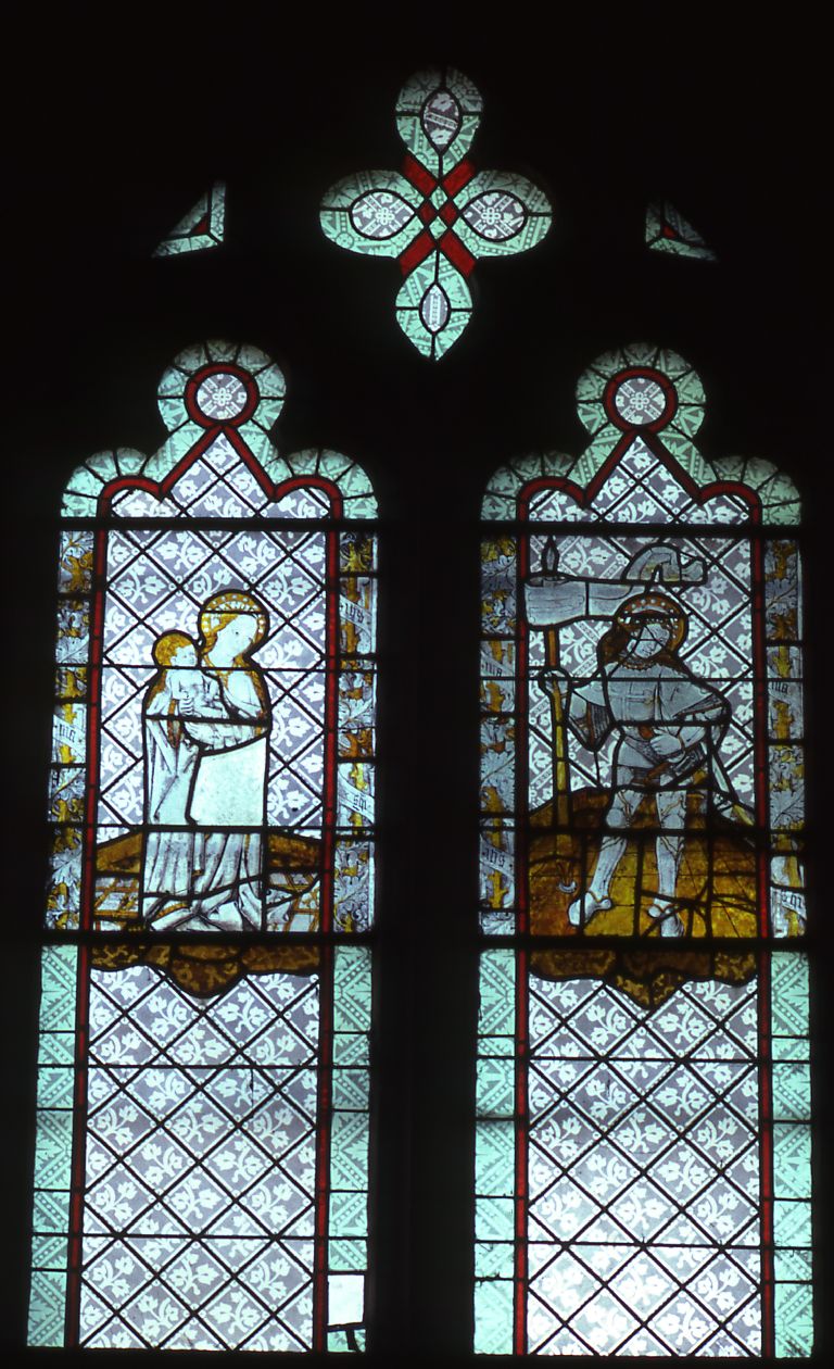 Verrière (vitrail archéologique) : Vierge à l' Enfant, saint Maurice (baie 0), verrière à personnages