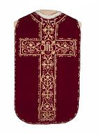 ensemble de deux dalmatiques, une chasuble, trois étoles, deux manipules,un voile de calice, une bourse de corporal : ornement rouge