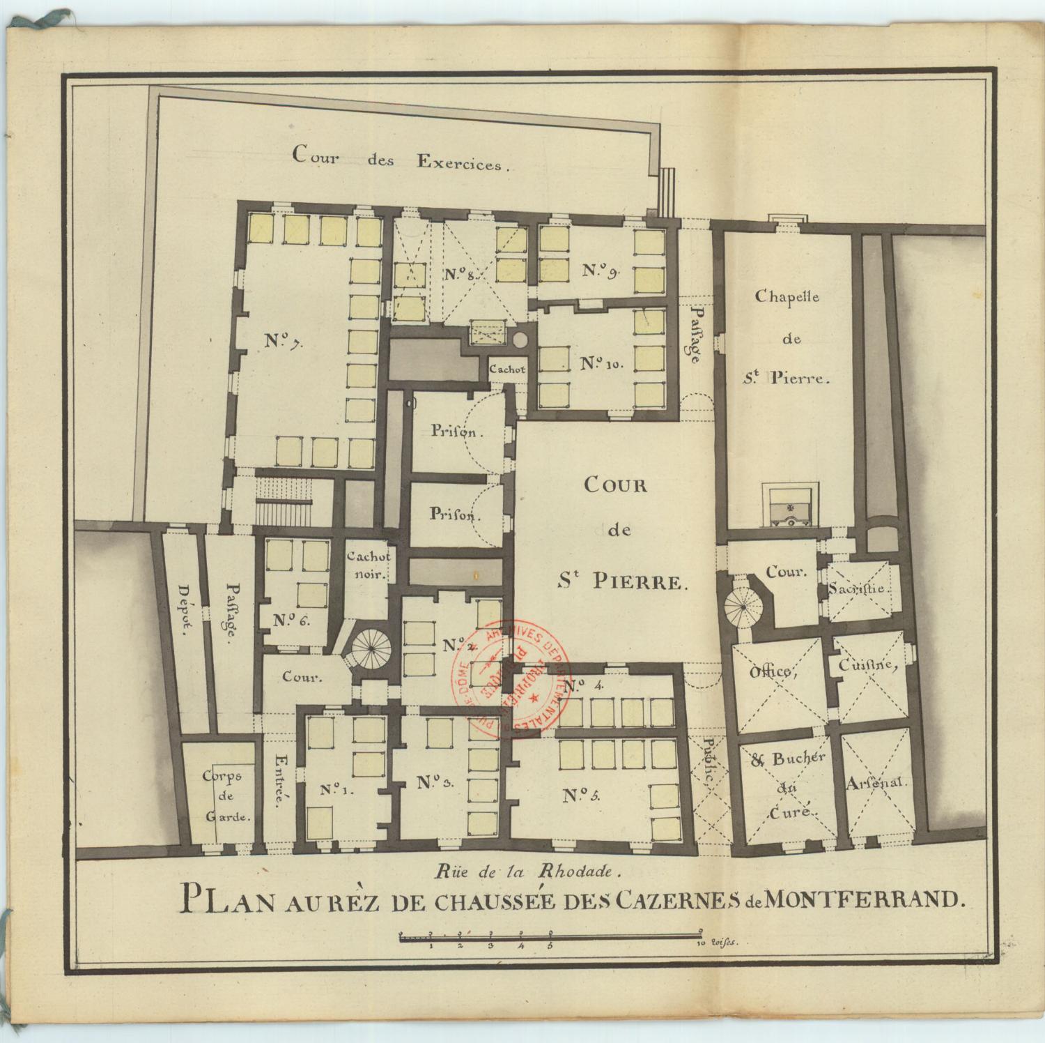 Casernes installées dans l'ancien collège : plan du rez-de-chaussée, par F.-C. Dijon (att.), v. 1765 (AD Puy-de-Dôme, MAP 1116)