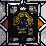 Verrière : remise des chapelets à Saint-François d' assise et à sainte Claire d' Assise par la Vierge et l' Enfant Jésus (baie 1), verrière figurée, grisaille décorative