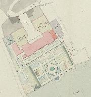 Plan général du tènement de Saint-Irénée destiné à l'établissement du refuge St Michel, 1812 : détail des bâtiments et des jardins
