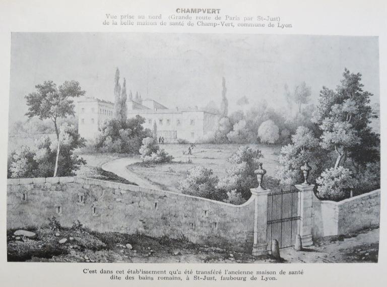 Vue de la maison Binet avant la construction de l'aile des femmes, dessin reproduit dans Salomon, Emile. Les anciennes demeures seigneuriales du Lyonnais transformées en cliniques ou hôpitaux.