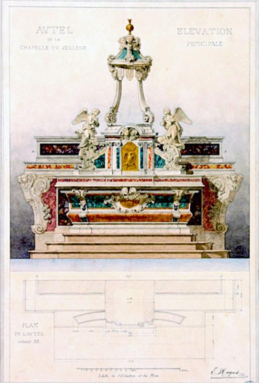 Autel de la chapelle du Collège de la Trinité, élévation et plan par E. Huguet, 1883 (SAAL)