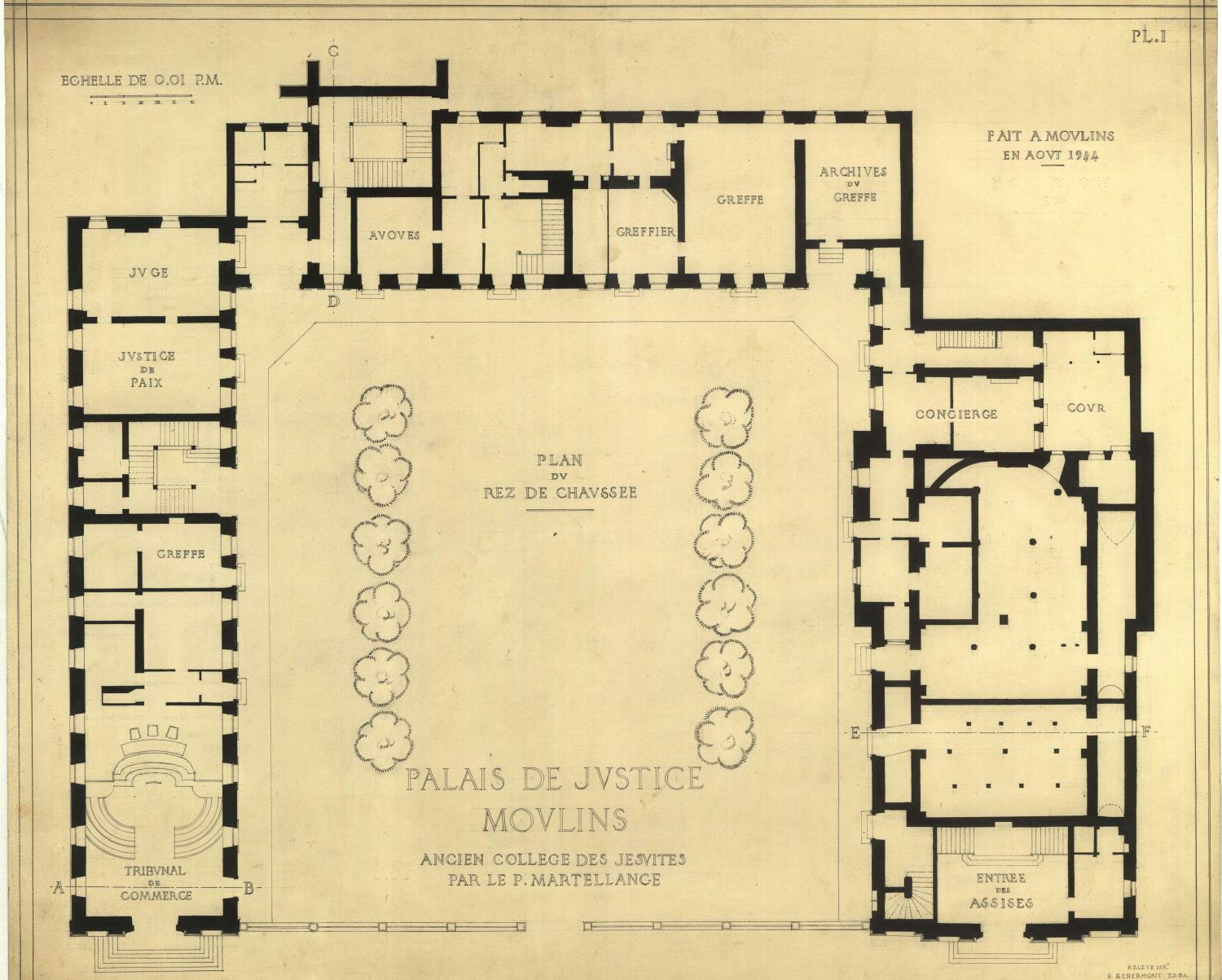 Plan du rez-de-chaussée par R. Génermont, août 1944 (AD Allier 53 J 14) 