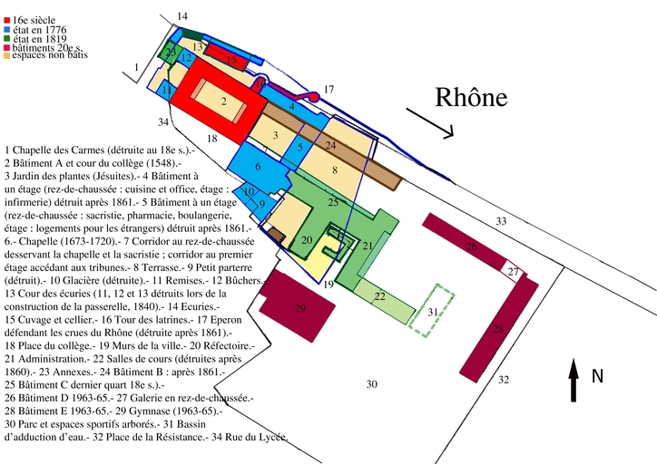 Collège de Tournon, puis école royale militaire, école centrale, collège communal, collège royal, lycée impérial, lycée de garçons, actuellement lycée Gabriel-Faure