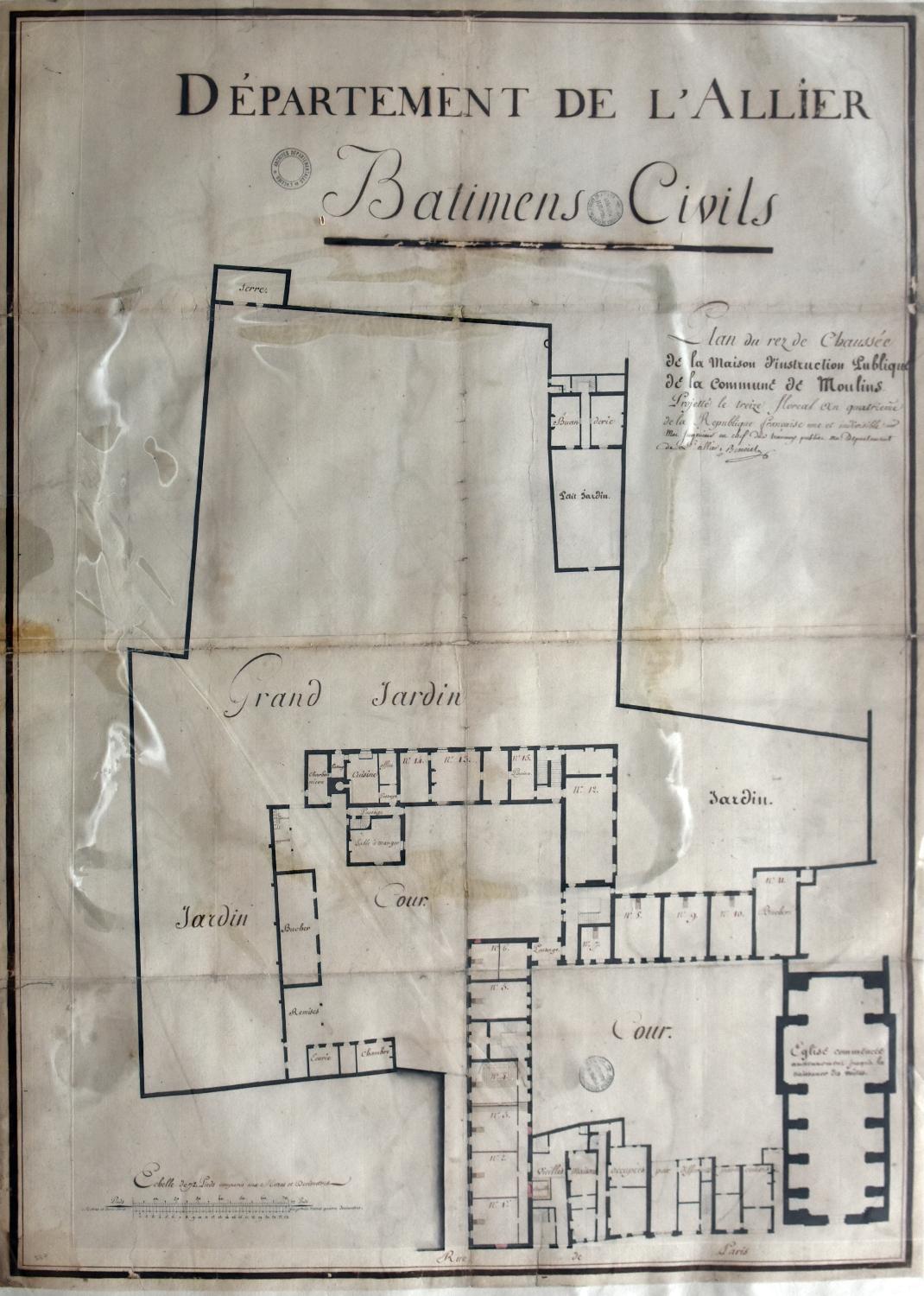 Plan du rez-de-chaussée par Jean Benoist, 13 Floréal an IV  (AD Allier, 1 F 121)