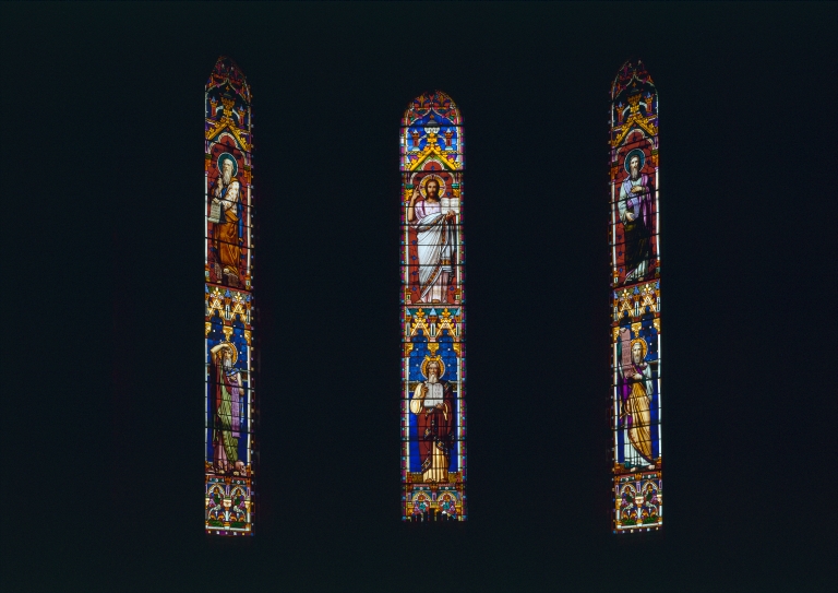 Ensemble de 5 verrières typologiques à personnages : le Christ et les évangélistes préfigurés par les prophètes (baies 0, 1, 2, 3, 4)