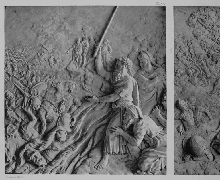 Bas-reliefs (3) de l'autel de la chapelle : le Sacrifice de Noé, le Passage de la Mer Rouge, David et Goliath