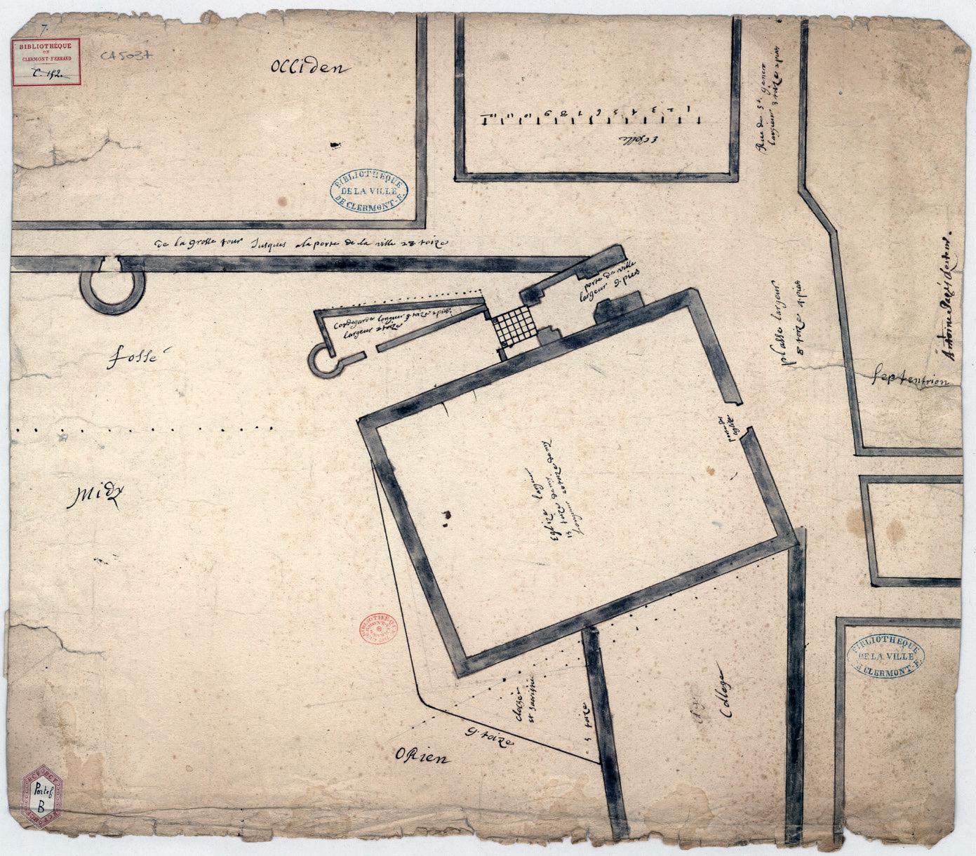Projet d'implantation pour l'église du collège à l'emplacement de la porte du Cerf, par le père Antoine Pagès, 1684 (B Patrimoine CAM, CA 5037)