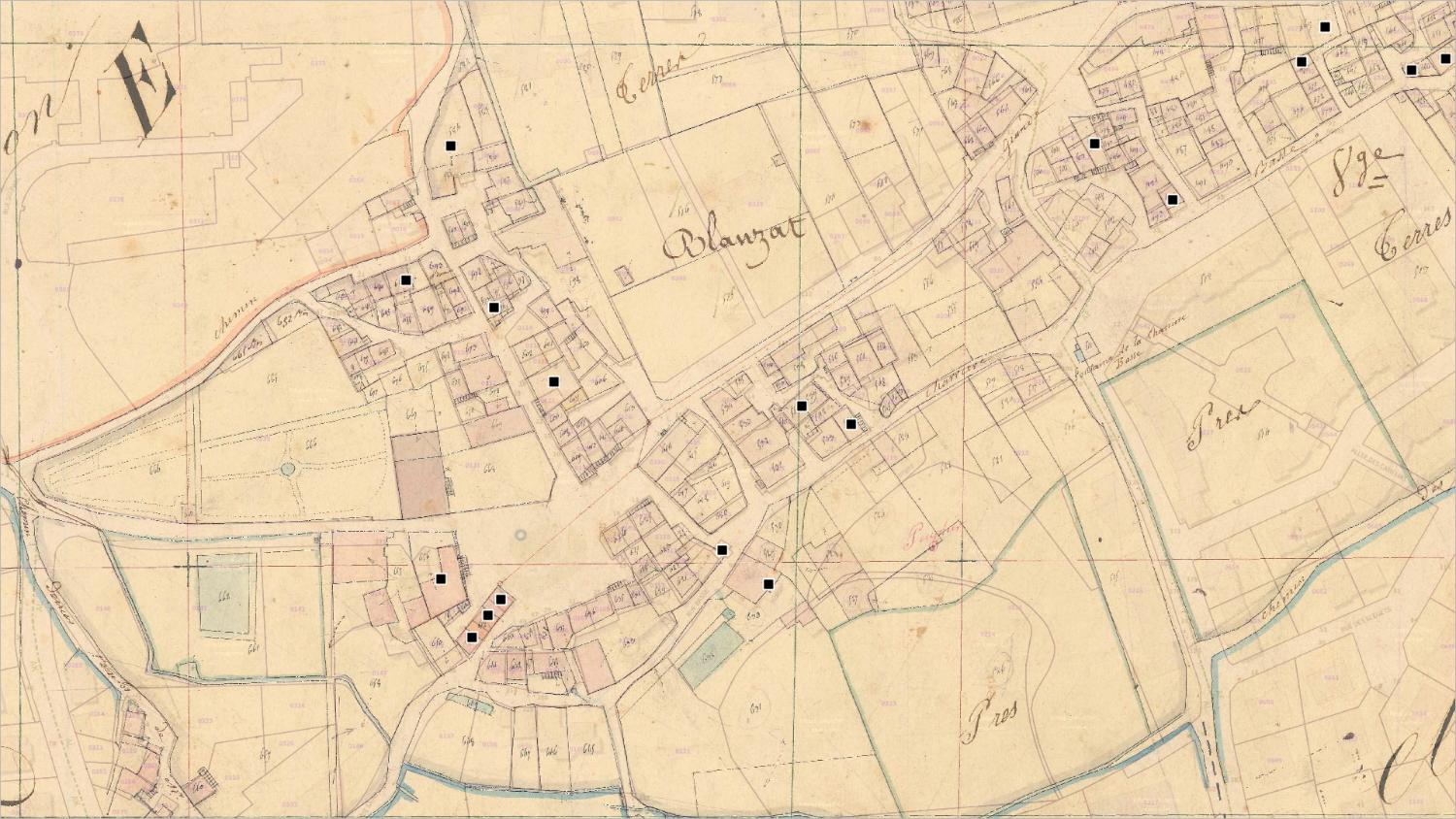 Commune de Blanzat (ouest) : localisation des maisons vigneronnes (cadastre dit napoléonien, 1831, AD Puy-de-Dôme, 51 Fi 148)