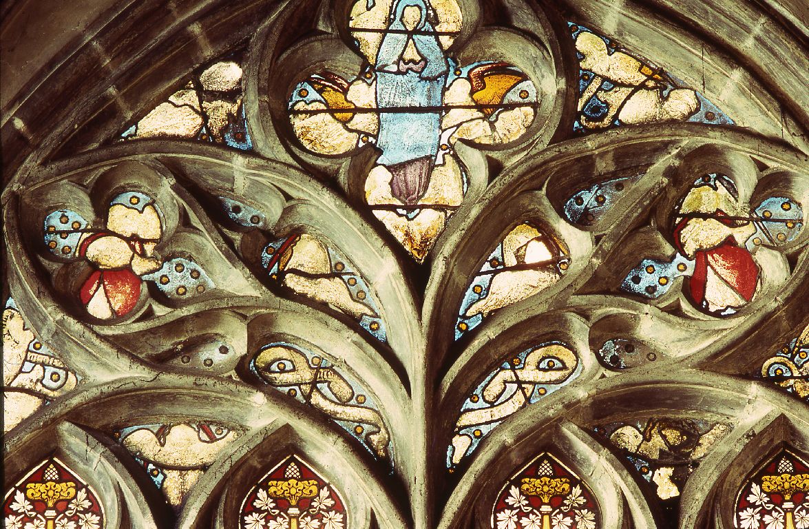 Verrière : les quatre évangélistes, Assomption de la Vierge (baie 8), verrière à personnages