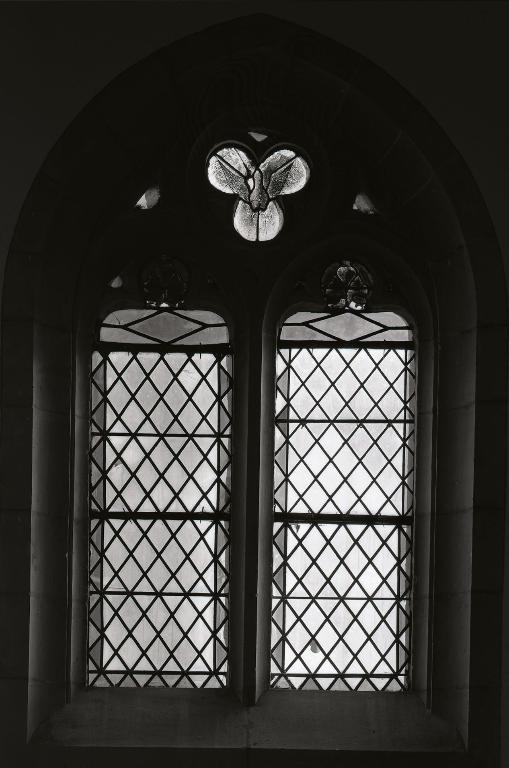 Verrière : colombe du Saint-Esprit (baie 10), grisaille décorative