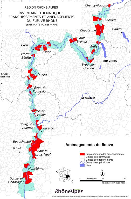 Aménagements du Rhône : barrage ; centrale hydroélectrique ; écluse ; digue