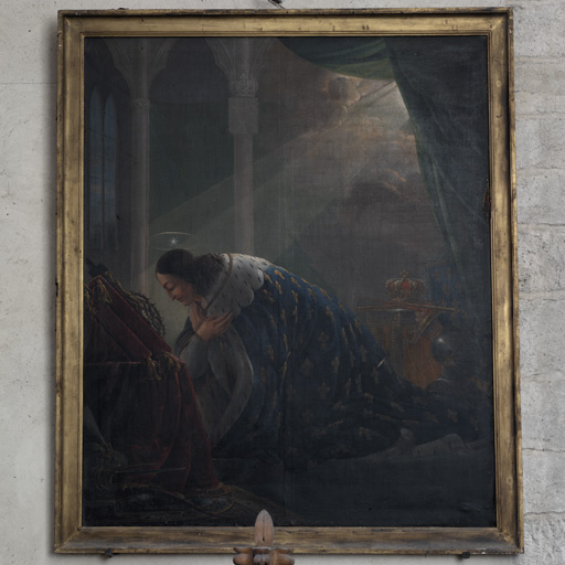 Tableau : saint Louis en prière devant les reliques de la Passion